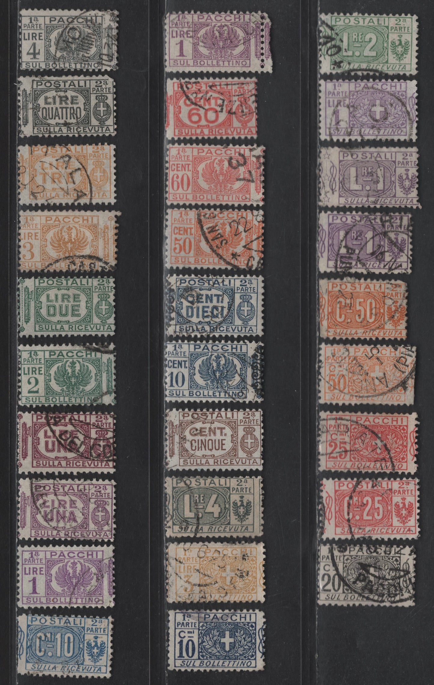 Lot 243 Italy SC#Q7-Q15, Q24-Q25, Q28-Q34 5c - 4l Brown - Gray Writing Or Emblems, 1914-1939 Parcel Post Issues, 18 Fine/Very Fine Used Singles, Half Stamps, Large Number Being Both Halves, Same Shades