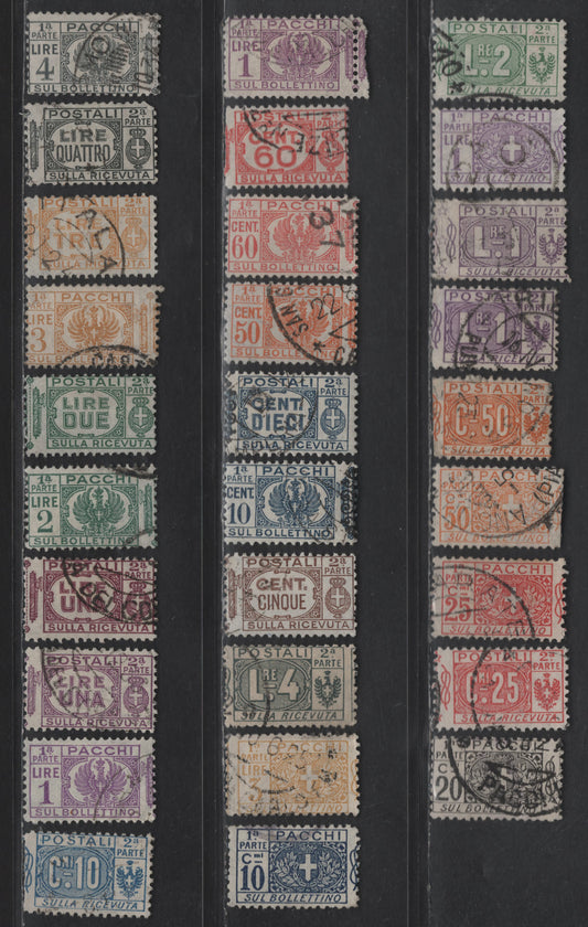 Lot 243 Italy SC#Q7-Q15, Q24-Q25, Q28-Q34 5c - 4l Brown - Gray Writing Or Emblems, 1914-1939 Parcel Post Issues, 18 Fine/Very Fine Used Singles, Half Stamps, Large Number Being Both Halves, Same Shades