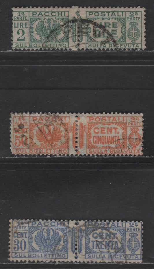 Lot 244 Italy SC#Q27-Q28, Q32 30c - 2l Ultramarine - Green Writing & Emblems, 1927-1929 Parcel Post Issues, 3 Fine Used Pairs, Complete Stamps With Both Halves