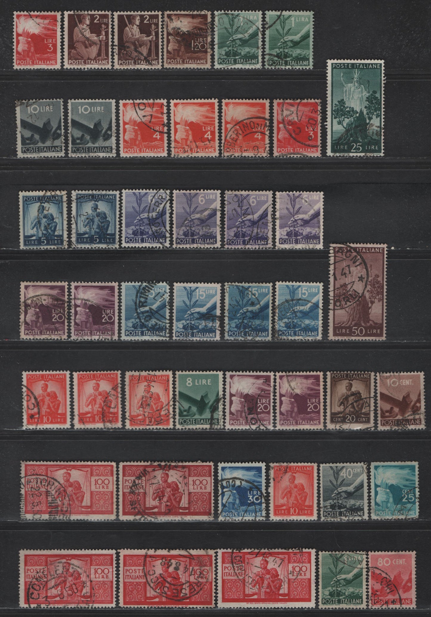 Lot 246 Italy SC#463-465, 467-477a, 486-488 10c - 100l Rose Brown - Carmine Planting Flower - Family & Law, 1945-1948 Reconstruction Definitive Issue, 45 Fine/Very Fine Used Singles, Multiple Shade Varieties