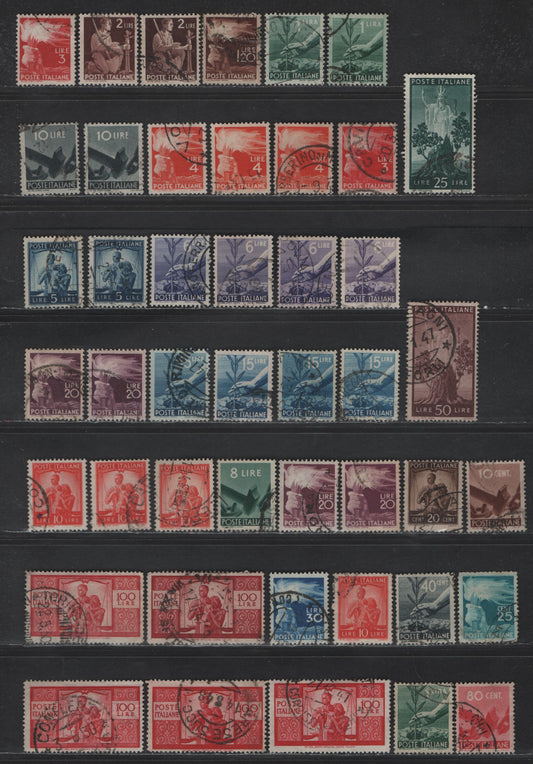Lot 246 Italy SC#463-465, 467-477a, 486-488 10c - 100l Rose Brown - Carmine Planting Flower - Family & Law, 1945-1948 Reconstruction Definitive Issue, 45 Fine/Very Fine Used Singles, Multiple Shade Varieties