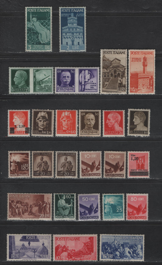 Lot 247 Italy SC#430/485 50c - 20l Purple - Red Brown Italian Army - Proclamation of Republic, 1942-1946 Italian Army - Proclamation of Republic Issues, 26 F/VFOG/NH Singles, Several NH, Shade Varieties