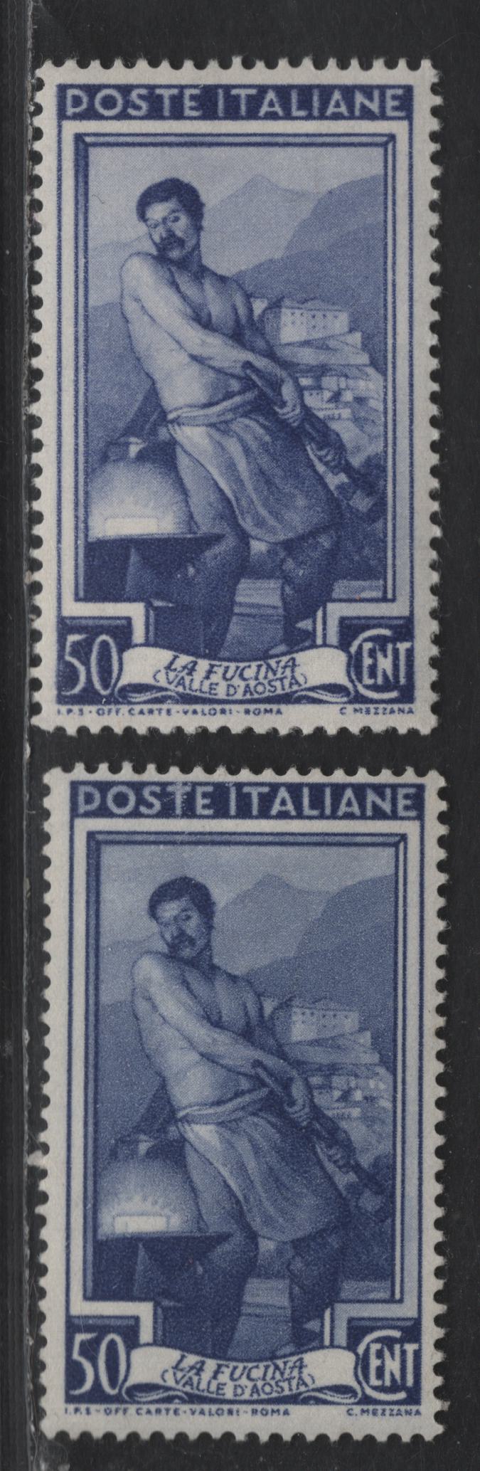 Lot 249 Italy SC#562 & 562var 50l Violet Professions, 1950 Professions Definitive Issue, 2 VFOG Singles, Showing Light & Dark Overall Shading