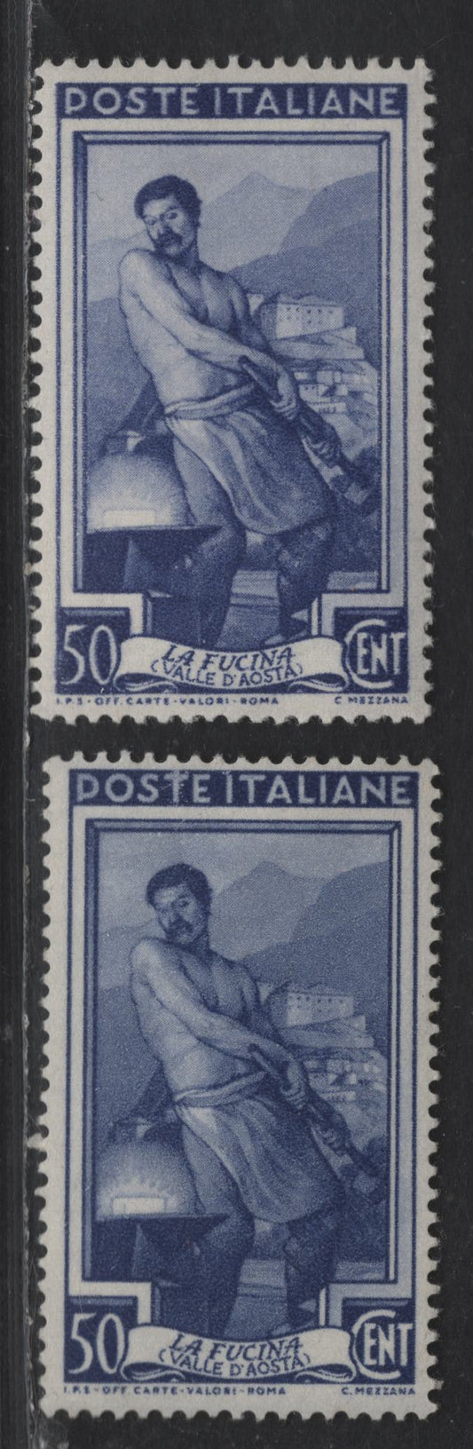 Lot 249 Italy SC#562 & 562var 50l Violet Professions, 1950 Professions Definitive Issue, 2 VFOG Singles, Showing Light & Dark Overall Shading