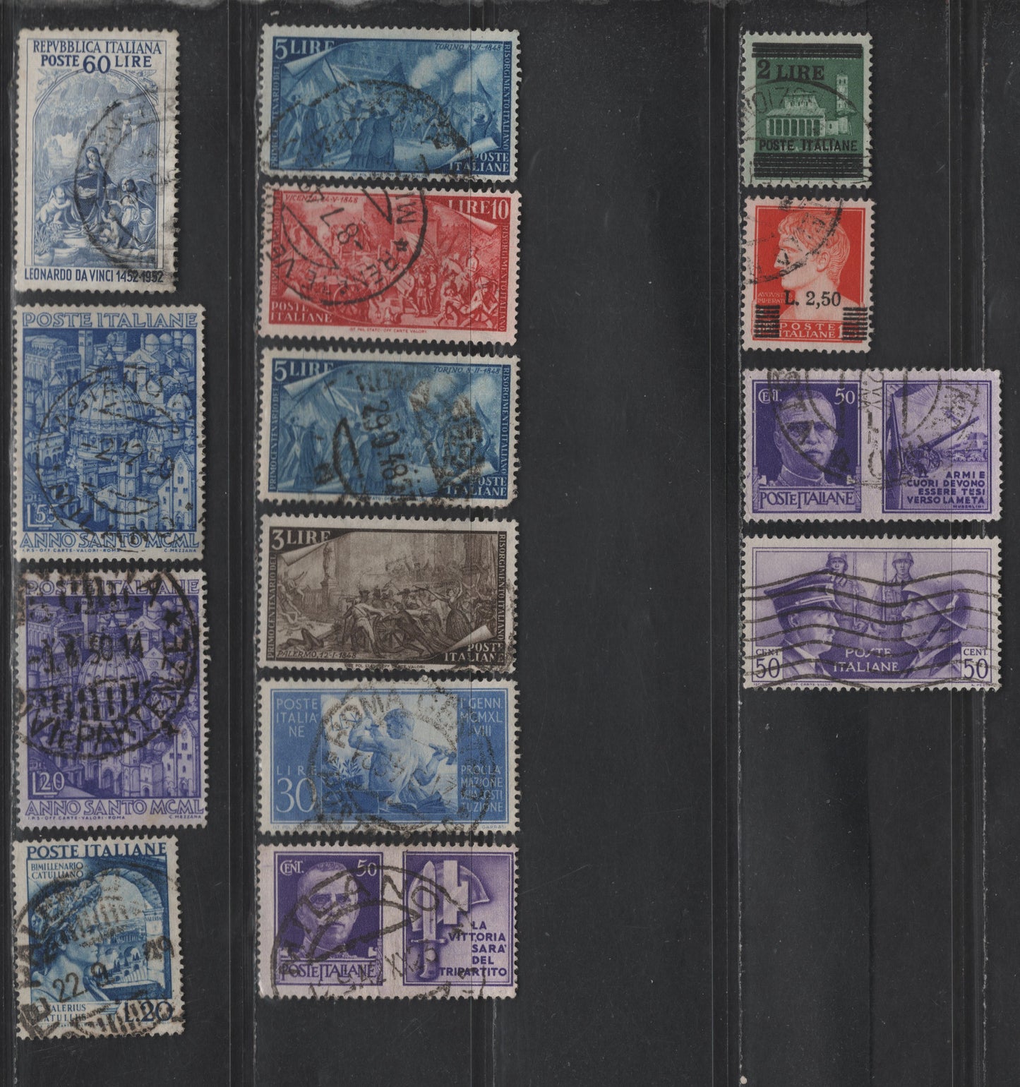Lot 250 Italy SC#416, 438, 460, 462, 435, 494, 493, 497, 500, 529, 535-536, 601A 50c - 60l Violet - Ultramarine Rome-Berlin Axis - Leonardo da Vinci, 1941-1952 Rome -Berlin Axis - Leonardo da Vinci Issues, 13 Fine/Very Fine Used Singles