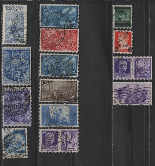 Lot 250 Italy SC#416, 438, 460, 462, 435, 494, 493, 497, 500, 529, 535-536, 601A 50c - 60l Violet - Ultramarine Rome-Berlin Axis - Leonardo da Vinci, 1941-1952 Rome -Berlin Axis - Leonardo da Vinci Issues, 13 Fine/Very Fine Used Singles