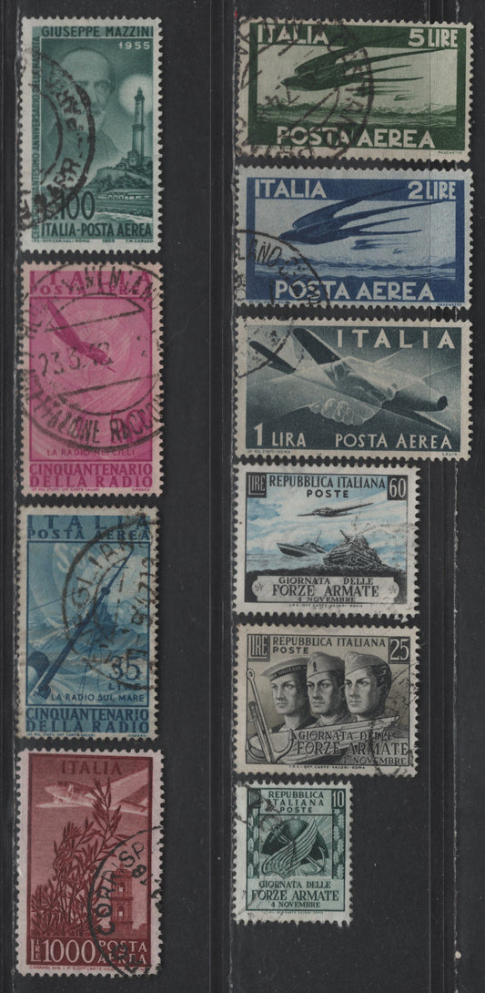 Lot 253 Italy SC#613-615, C106-C107, C109, C126, C120-C121, C129 10c - 100l Dark Blue Green - Prussian Green Armed Forces - Mazzini, 1952-1955 Armed Forces Day - Mazzini Airmail Issues, 10 Very Fine Used Singles