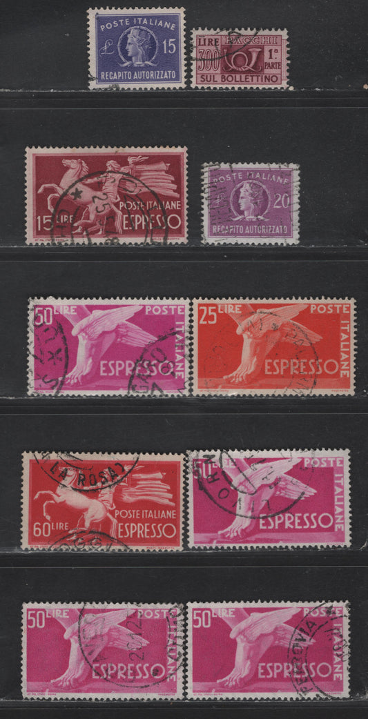 Lot 255 Italy SC#E21-E22, E24-E25, E32, EY8-EY9, Q74 5l - 300l Dark Carmine - Brown Carmine Airmail - Parcel Post, 1945-1954 Airmail - Parcel Post Issues, 10 Very Fine Used Singles, Winged Wheel & Multiple Stars Wmks