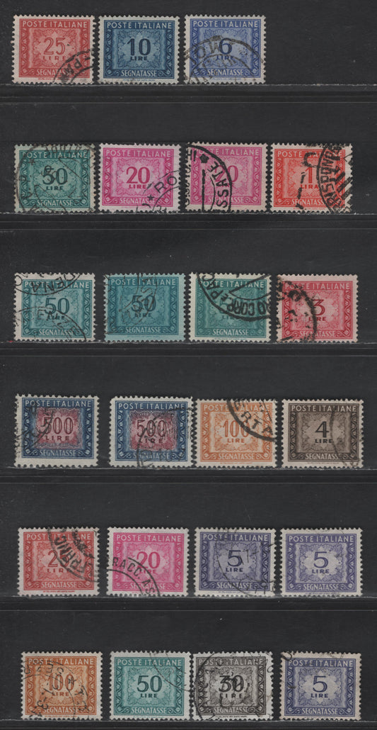 Lot 256 Italy SC#J65, J67-J70, J72, J73a, J83, J87-J89, J91-J92 1l - 500l Red Orange - Deep Blue & Dark Carmine Numerals, 1947-1991 Postage Dues, 14 Fine/Very Fine Used Singles, Winged Wheel & Multiple Stars Wmks, Perfs 14 & 11x13 500l