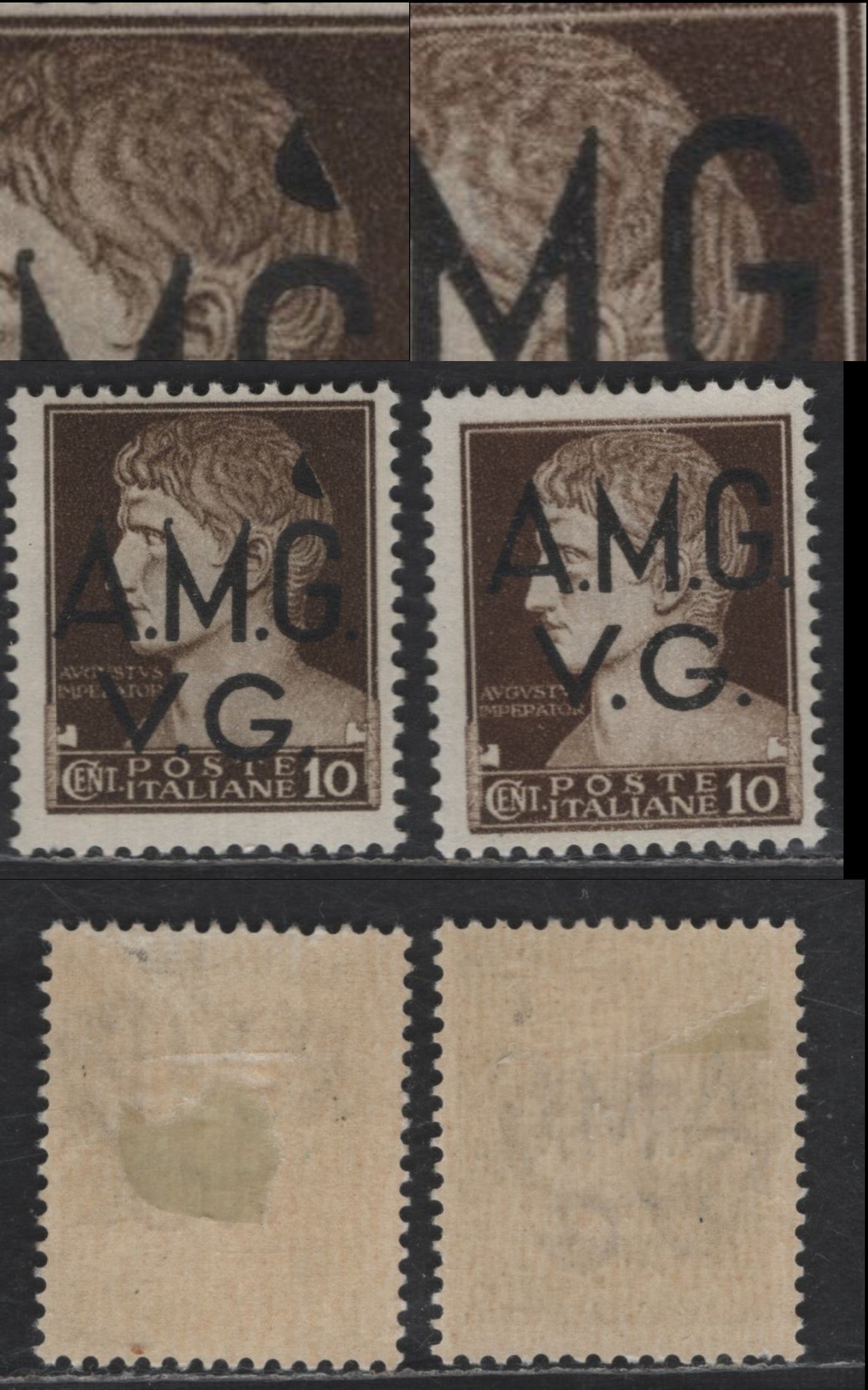 Lot 257 Italy - Venezia Giulia SC#1LN1 & Var 10c Dark Olive Brown Landscape, 1945-1947 Overprinted Pictorial Issue, 2 FOG Singles, Large Black Wedge On The Hair Of Ceasar, Unlisted, With Normal