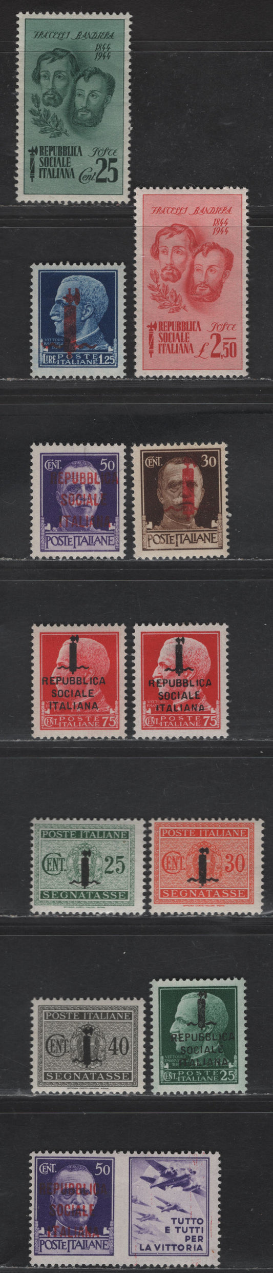 Lot 258 Italian Social Republic SC#1-5, 16, 32, 34, J4-J6 25c - 40c Deep Green - Black & Brown Ceasar & Victor Emmanuel, 1944 Overprinted Faces Issue, 11 F/VFOG/NH Singles