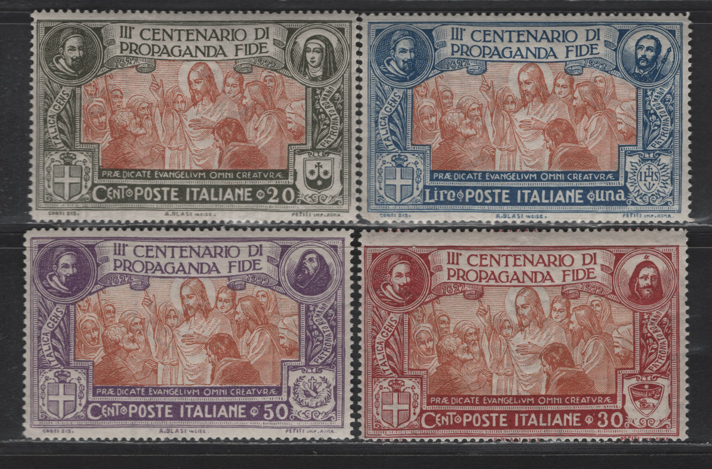 Lot 264 Italy SC#143-146 1l Blue & Brown Orange Propagation of the Faith, 1923 300th Anniv Propagation of the Faith Issue, 4 F/VFNH Singles