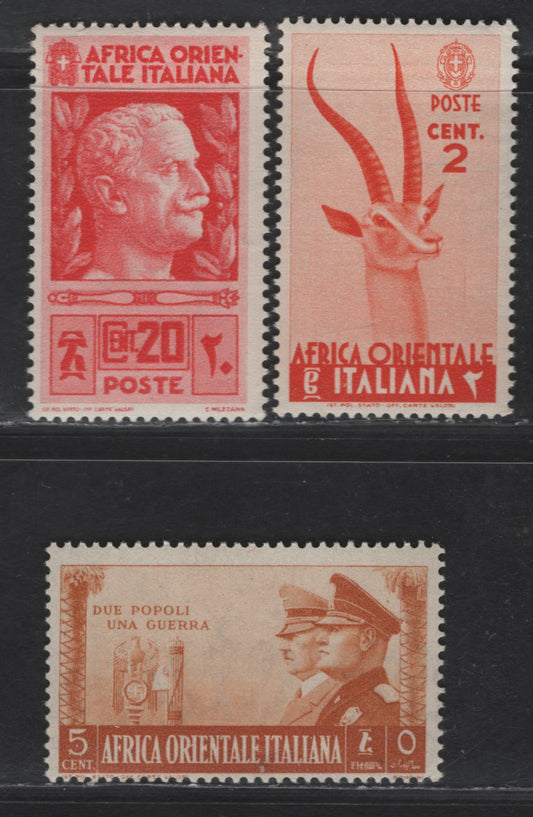 Lot 265 Italian East Africa SC#1, 6, 34 2c - 5c Red Orange - Ochre Rome-Berlin Axis - Pictorial, 1938-1941 Rome-Berlin Axis - Pictorial Issues, 3 F/VFNH Singles