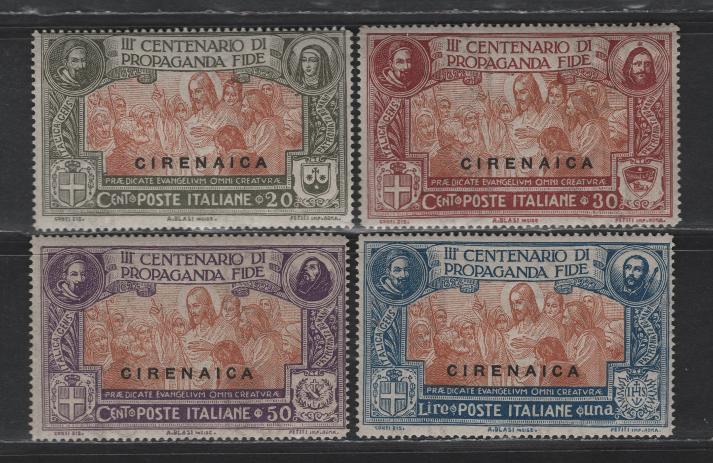 Lot 268 Cyrenaica SC#1-4 20c - 1l Olive Green & Orange Brown - Blue & Brown Orange Propagation of the Faith, 1923 Overprinted Propagation of the Faith Issue, 4 VFNH Singles