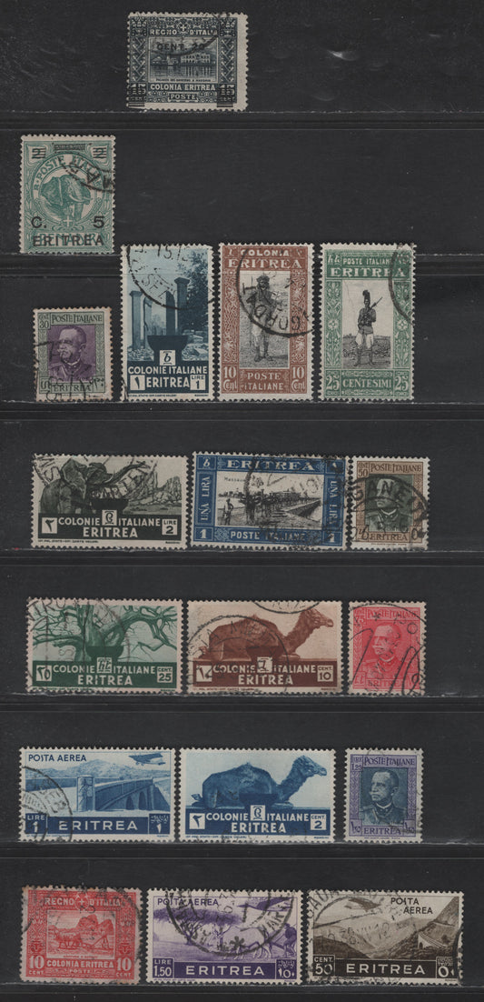 Lot 269 Eritrea SC#50, 52, 121, 123, 125, 152, 154-156, 158, 160, 162, 164-165, C2, C8, C11 10c - 1.50l Carmine - Violet Farmer Plowing - Airmail, 1914-1928 Farmer Plowing - Airmail Issues, 17 Fine/Very Fine Used Singles