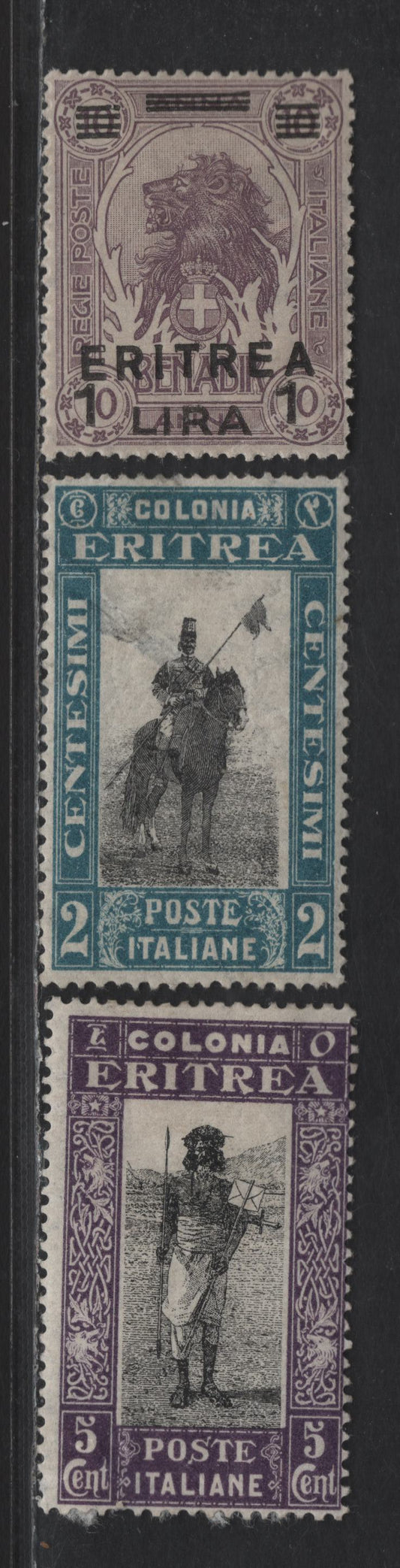 Lot 271 Eritrea SC#64, 119-120 1l on 10a - 5c Lilac - Dark Violet & Black Elephant - Postman, 1922-1930 Overprinted & Military Pictorial Issues, 3 VG/FOG Singles, Presentable Examples But With Small Faults