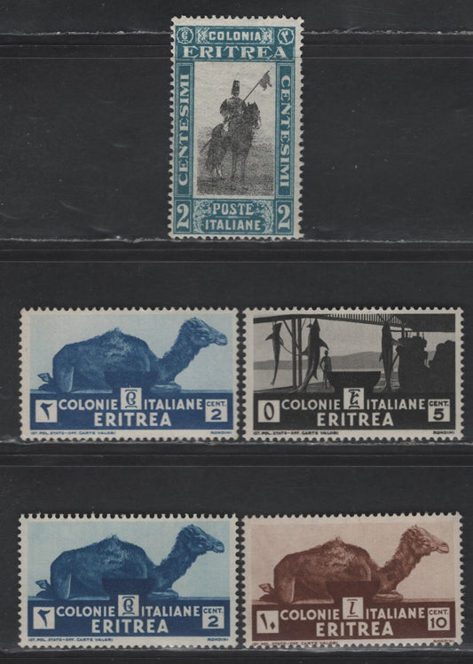 Lot 272 Eritrea SC#119, 158-160 2c - 10c Bright Blue - Brown Lancer - Camel, 1930-1934 Military - Pictorial Issues, 5 F/VFOG Singles, Two Types Of Gum On #158