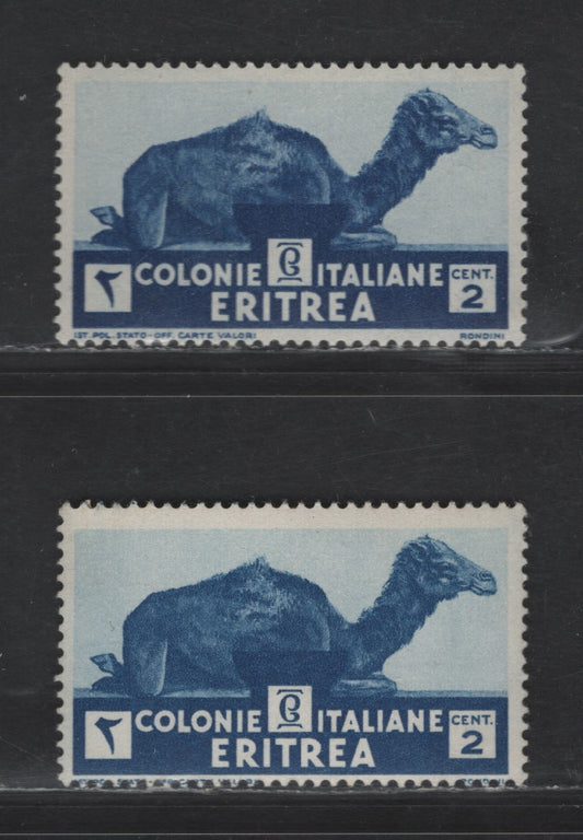 Lot 273 Eritrea SC#158 2c Deep Blue Camels, 1938 Pictorial Issue, 2 F/VFNH Singles, Shiny & Matte Gum Types