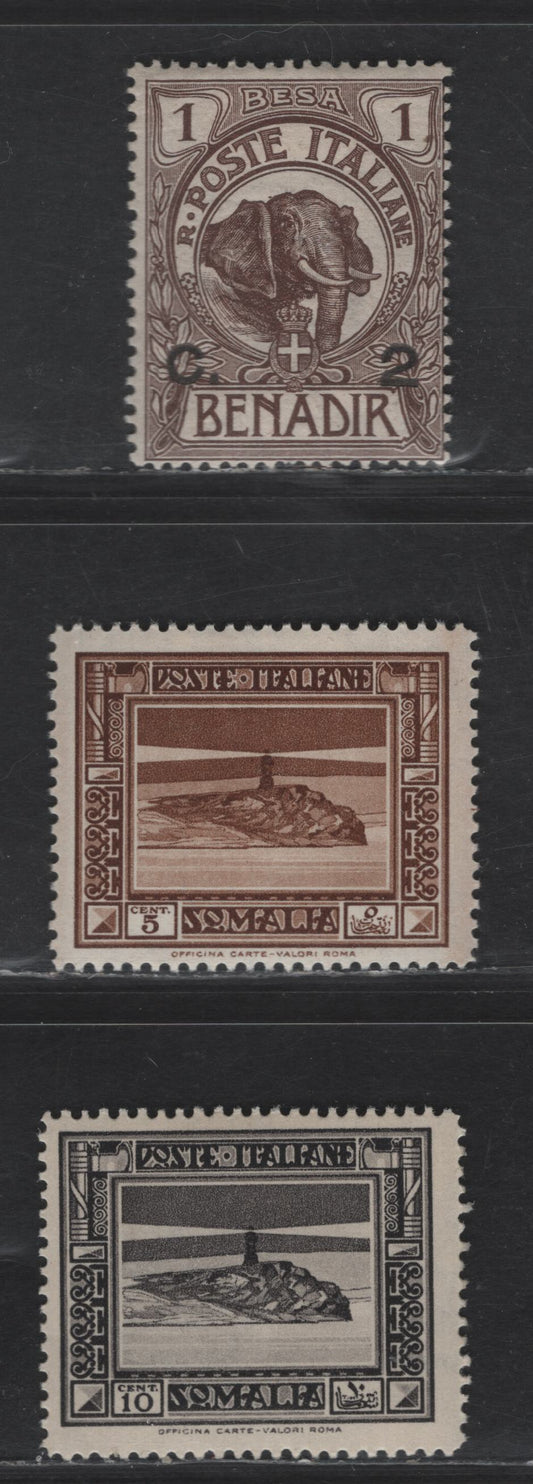 Lot 279 Somalia SC#10, 138a, 140a 2c on 1b - 10c Brown - Gray Black Elephants - Lighthouse at Cape Guardafui, 1906-1937 Pictorial Issues, 3 F/VFOG Singles, Perf 14