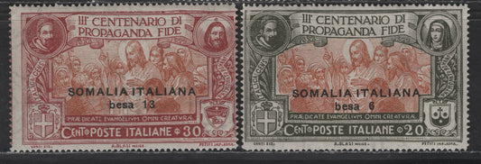 Lot 280 Somalia SC#51-52 6b on 20c - 13b Olive Green & Brown - Claret & Brown Orange Propagation of the Faith, 1923 Propagation of the Faith Issue, 2 FNH/OG Singles, Light Gum Disturbance