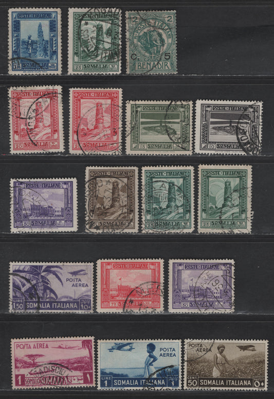 Lot 282 Italy - Somalia SC#11, 143, 148, 140a-144a, 146a, 147a, C22, C8, C11-C12 5c on 2b - 1l Blue Green - Rose Lilac Surcharges - Airmails, 1906-1941 Surcharged - Airmail Issues, 14 Fine/Very Fine Used Singles