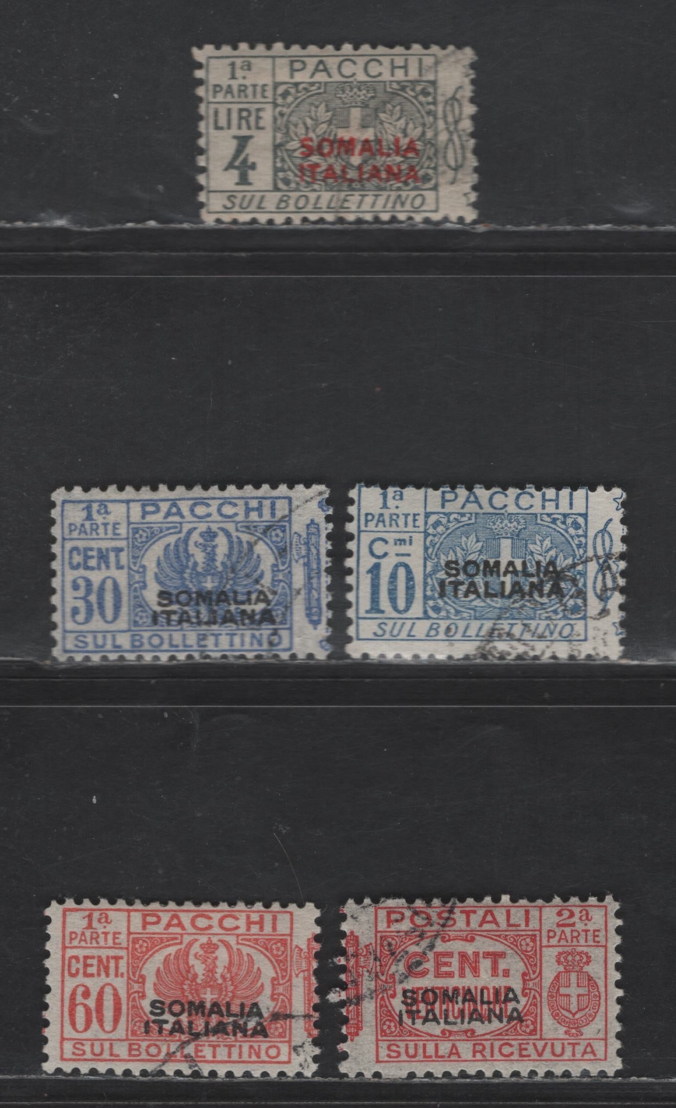 Lot 283 Italy - Somalia SC#Q2, Q33, Q43-Q44 10c - 4l Blue -Gray Parcel Post, 1917-1939 Parcel Post Issues, 5 Fine/Very Fine Used Singles, Right & Left Halves Used, Red & Black Overprint, Left & Right Halves Of Q44
