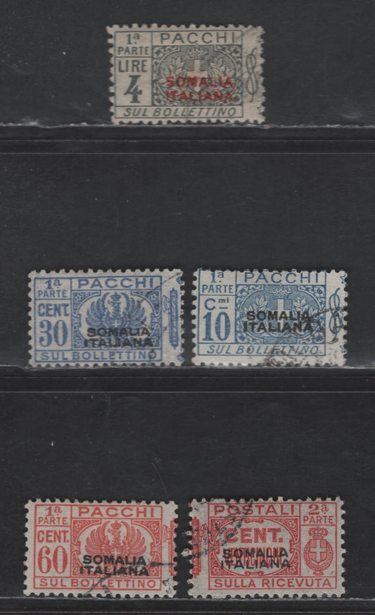 Lot 283 Italy - Somalia SC#Q2, Q33, Q43-Q44 10c - 4l Blue -Gray Parcel Post, 1917-1939 Parcel Post Issues, 5 Fine/Very Fine Used Singles, Right & Left Halves Used, Red & Black Overprint, Left & Right Halves Of Q44