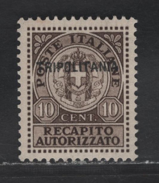 Lot 286 Tripolitonia SC#EY1a 10c Dark Brown Emblem, 1931 Overprinted Authorized Delivery, A FOG Single, Light Horizontal Bend, Borders on a Crease
