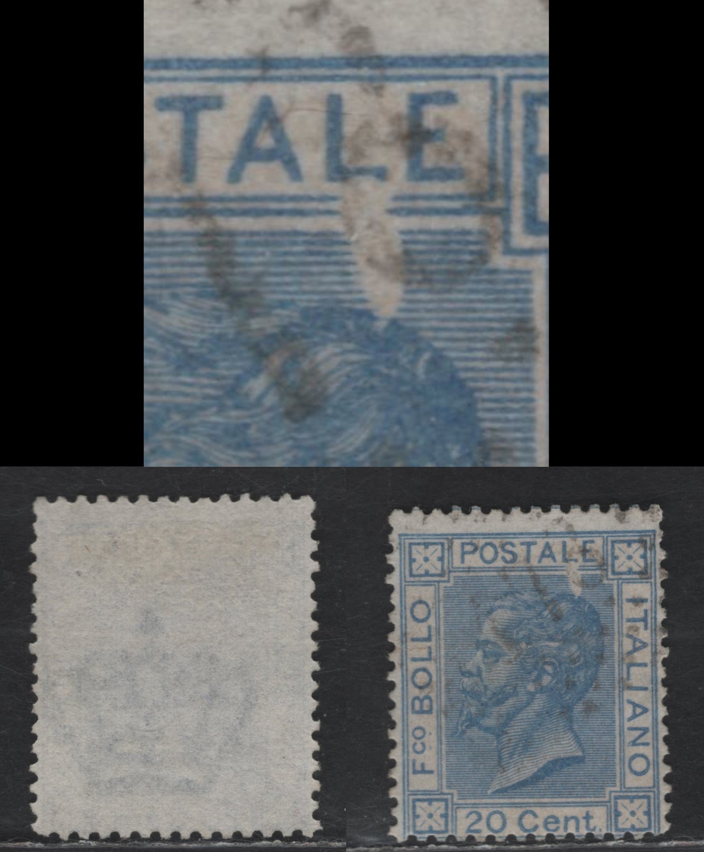 Lot 288 Italy SC#35a 20c Blue Victor Emmanuel II, 1867 Victor Emmanuel II Issue, A Fine Used Single, Torino Printing, Showing Prominent Printing Flaw Under 'LE', Unlisted & Interesting