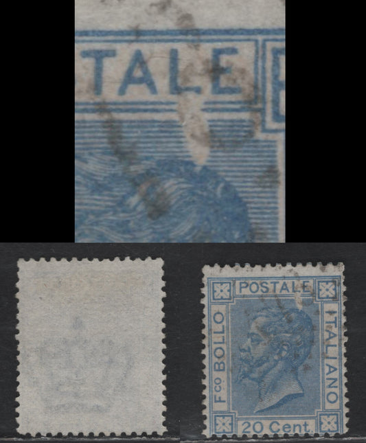 Lot 288 Italy SC#35a 20c Blue Victor Emmanuel II, 1867 Victor Emmanuel II Issue, A Fine Used Single, Torino Printing, Showing Prominent Printing Flaw Under 'LE', Unlisted & Interesting
