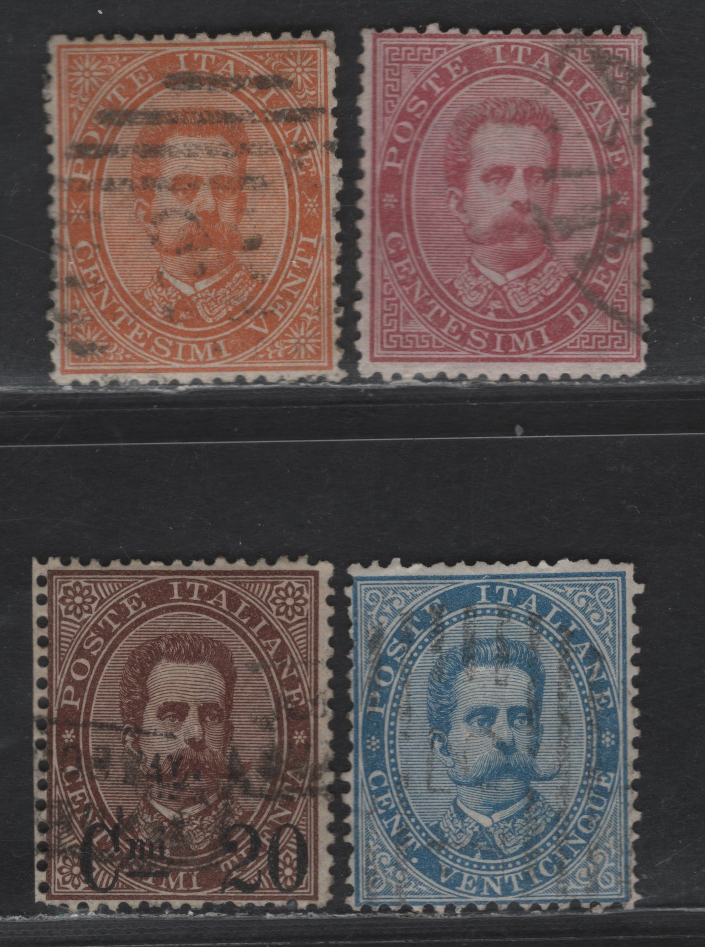 Lot 289 Italy SC#46-48, 65 10c - 20c on 30c Claret - Red Brown King Humbert I, 1879-1891 King Humbert I Issue, 4 Fine/Very Fine Used Singles