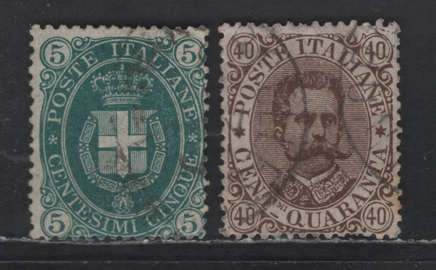 Lot 290 Italy SC#52-53 5c - 40c Dark Green - Brown King Humbert I, 1889 King Humbert I Issue, 2 Fine Used Singles