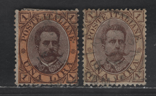 Lot 291 Italy SC#56-56a 1l Brown & Yellow - Brown & Orange King Humbert I, 1889 King Humbert I Issue, 2 Fine Used Singles