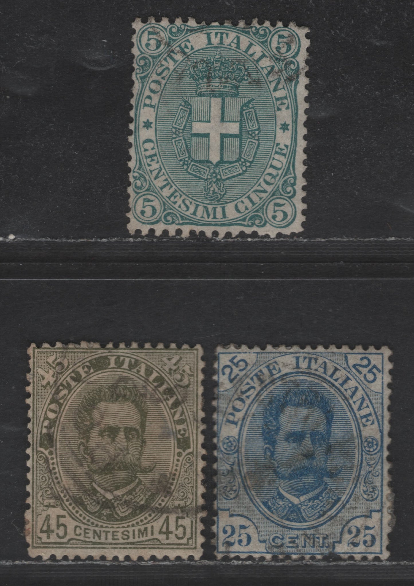 Lot 293 Italy SC#67, 70-71 5c - 45c Green - Olive Green King Humbert I, 1891-1896 King Humbert I Issue, 3 Fine/Very Fine Used Singles