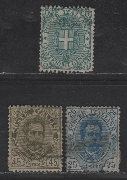 Lot 293 Italy SC#67, 70-71 5c - 45c Green - Olive Green King Humbert I, 1891-1896 King Humbert I Issue, 3 Fine/Very Fine Used Singles