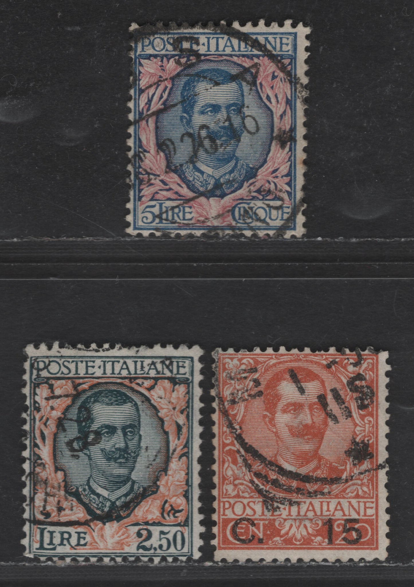Lot 294 Italy SC#90-92 2.5l - 5l Dark Green & Orange - Blue & Rose Victor Emmanuel III, 1901-1926 Victor Emmanuel III Issue, 3 Fine Used Singles