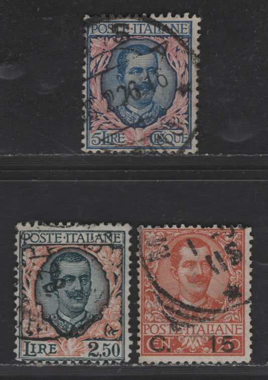 Lot 294 Italy SC#90-92 2.5l - 5l Dark Green & Orange - Blue & Rose Victor Emmanuel III, 1901-1926 Victor Emmanuel III Issue, 3 Fine Used Singles