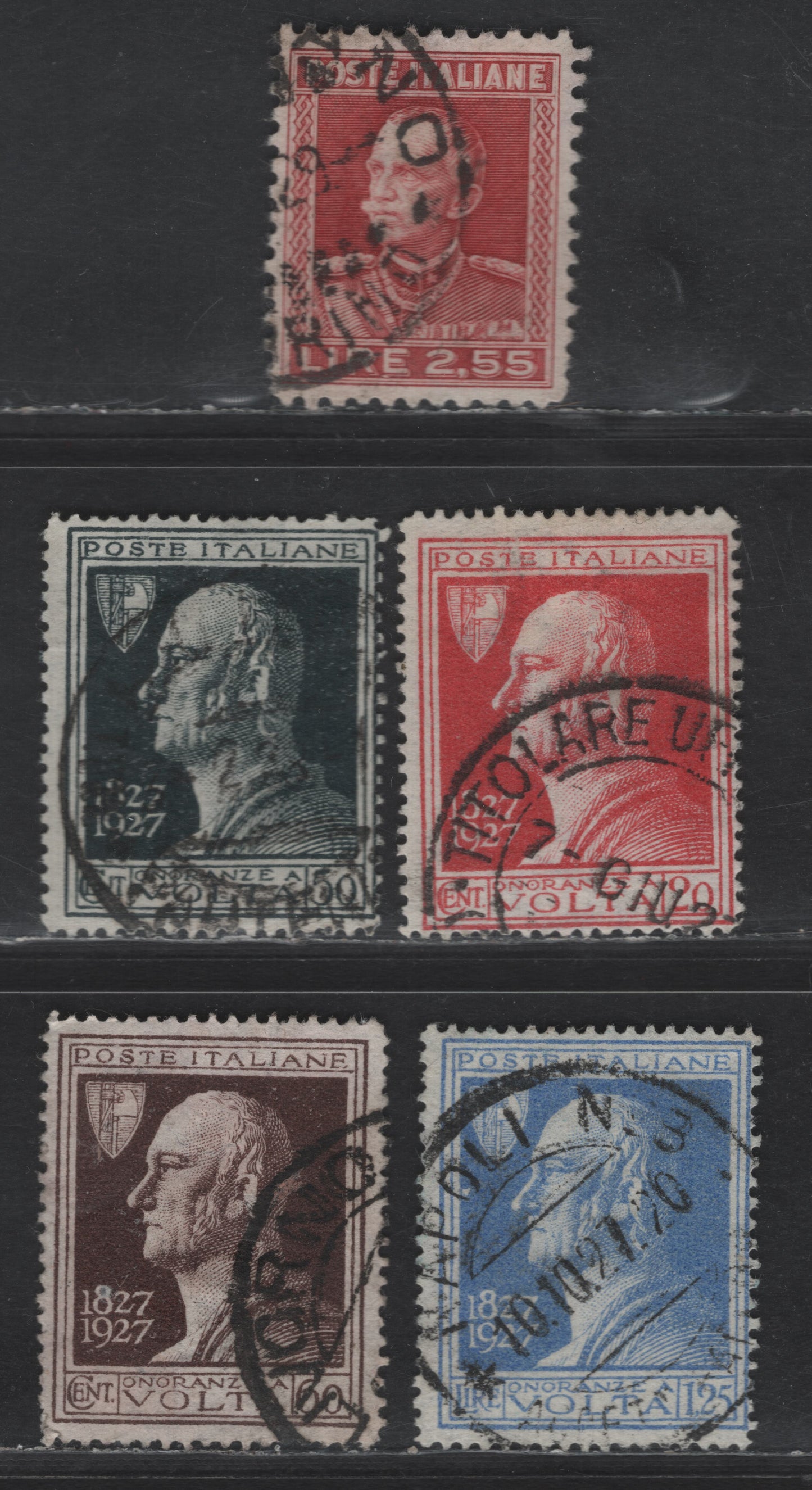 Lot 297 Italy SC#188-191, 195 20c - 2.55l Dark Carmine - Brown Carmine Allesandro Volta - Victor Emmanuel, 1927-1929 Allesandro Volta - Victor Emmanuel Issues, 5 Fine/Very Fine Used Singles