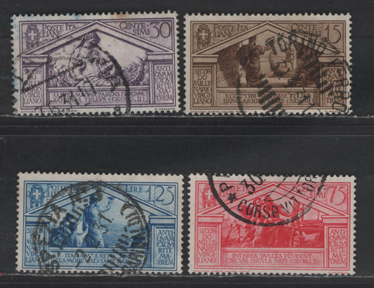 Lot 298 Italy SC#248, 251, 253-254 15c - 1.25l Olive Brown - Blue Bimillenary of Birth of Virgil, 1930 Bimillenary of Birth of Virgil issue, 4 Fine/Very Fine Used Singles, Small Stain on 30c