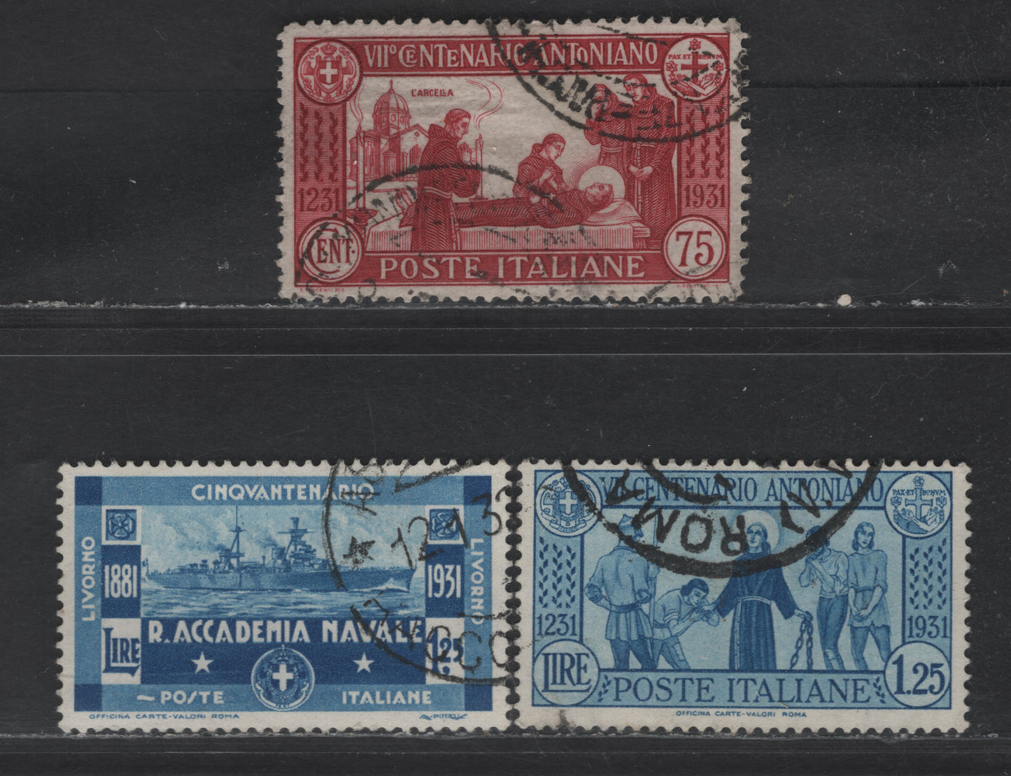 Lot 299 Italy SC#262-263, 267 1.25 - 75c Blue - Brown Red St. Anthony of Padua - Royal Naval Academy, 1931 St. Anthony of Padua - Royal Naval Academy Issues, 3 Very Fine Used Singles, 75c is Perf 14