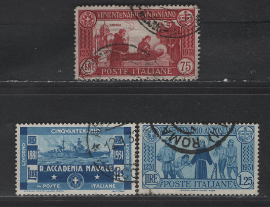 Lot 299 Italy SC#262-263, 267 1.25 - 75c Blue - Brown Red St. Anthony of Padua - Royal Naval Academy, 1931 St. Anthony of Padua - Royal Naval Academy Issues, 3 Very Fine Used Singles, 75c is Perf 14