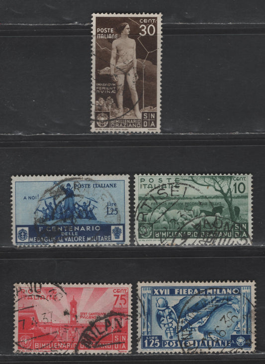 Lot 300 Italy SC#338, 358-359, 361, 363 1.25l - 75c Dark Blue - Rose Red Medal of Valor - Birth of Quintus Horatius Flaccus, 1934-1936 Centenary of Medal of Valor - Birth of Quintus Horatius Flaccus Issues, 5 Fine/Very Fine Used Singles