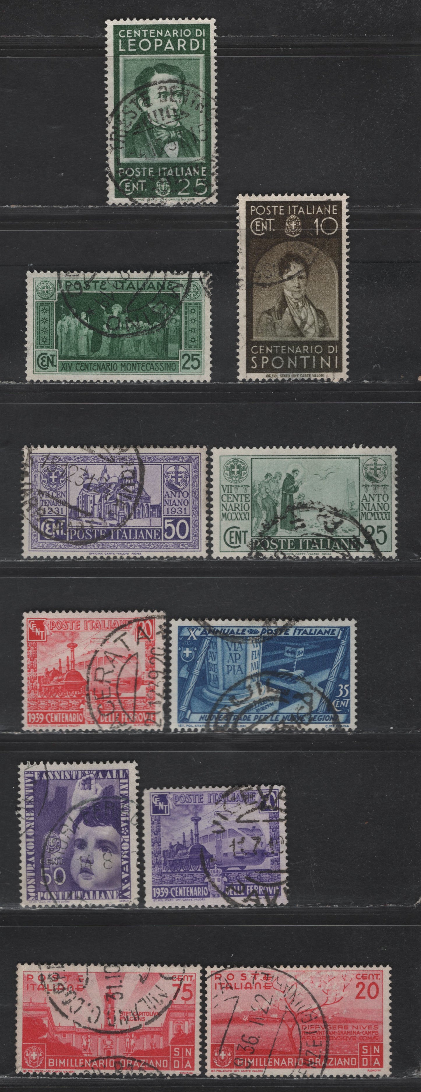 Lot 301 Italy SC#233, 259, 261, 296, 387, 389, 410-411, 371, 360, 363 25c - 50c Dark Green - Violet Abbey of Monte Cassino - Italian Railroads, 1929-1939 Abbey of Monte Cassino - Italian Railroads Issues, 11 Fine/Very Fine Used Singles