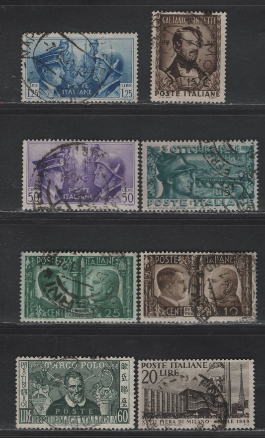 Lot 302 Italy SC#413, 415-416, 418, 507-509 10c - 60l Deep Brown - Gray Green Rome - Berlin Axis - Marco Polo, 1941-1954 Rome - Berlin Axis - Marco Polo Issues, 8 Fine/Very Fine Used Singles