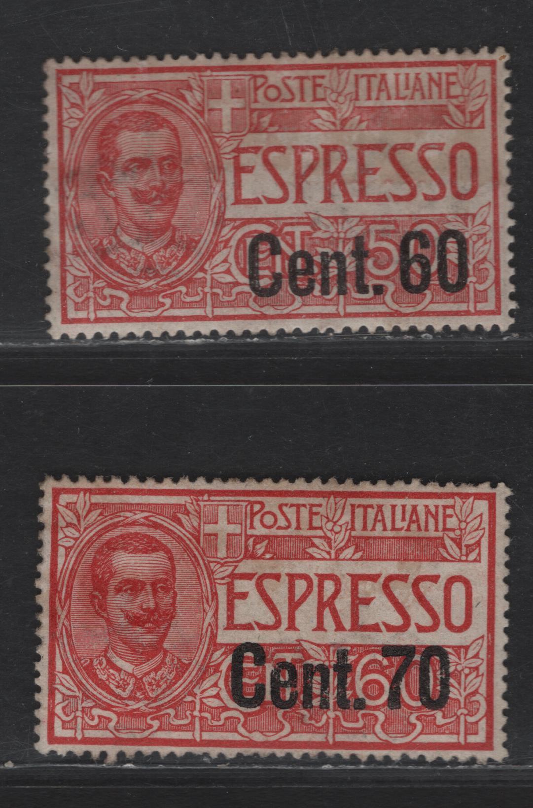Lot 304 Italy SC#E11, E13 60c on 50c - 70c on 60c Dull Red Portrait, 1922-1925 Special Delivery Surcharge Issue, 2 VFOG Singles, Very Well Centered, Gum Is Disturbed