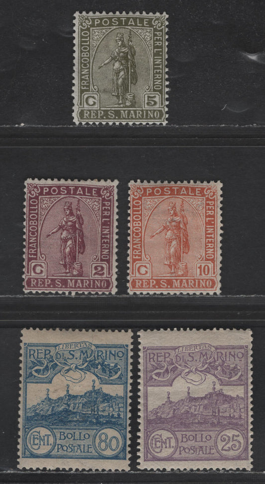 Lot 306 San Marino SC#33, 35-36, 55, 67 5c - 80c Olive Green - Blue Liberty - Mount Titano, 1899-1922 Liberty - Mount Titano Issues, 5 VFOG Singles