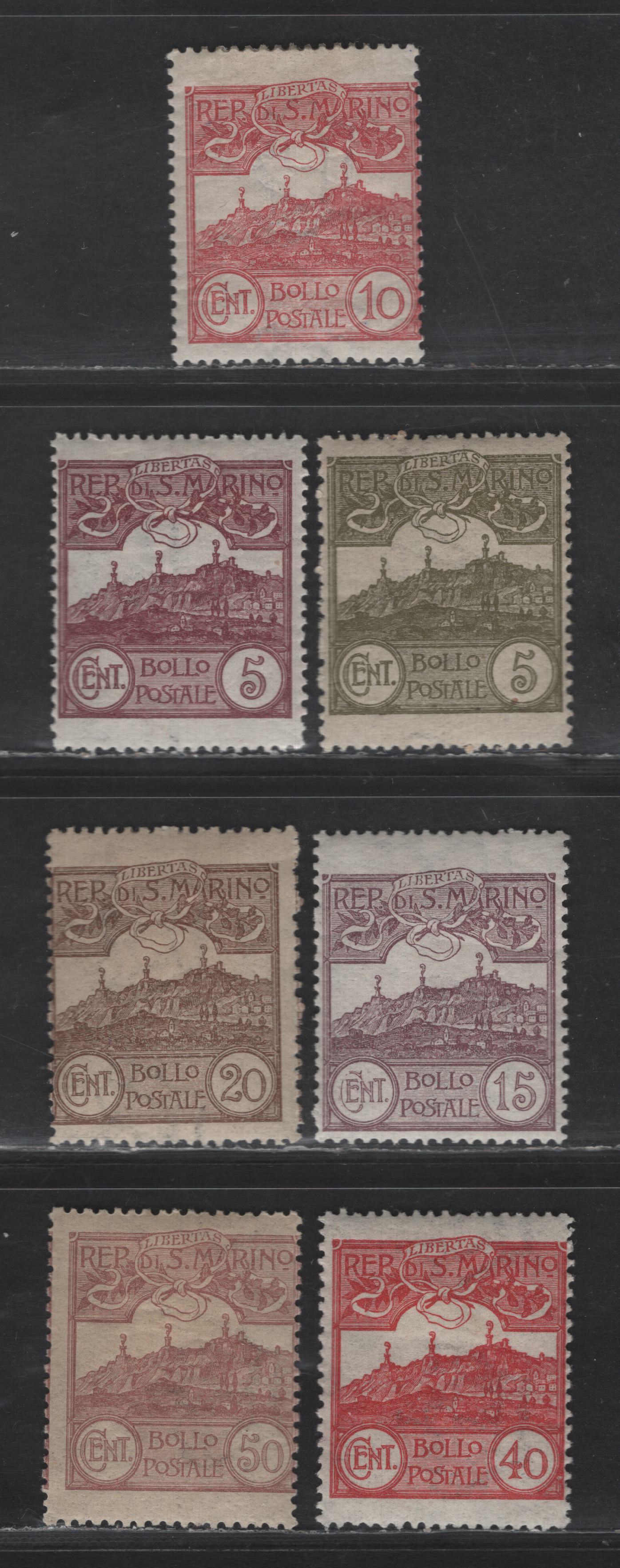 San Marino SC#43-45, 49, 51, 60-61, 63-64 10c - 50c Claret - Gray Black Numeral - Mount Titano, 1903-1925 Numeral - Mount Titano Definitive Issues, 9 FOG Singles