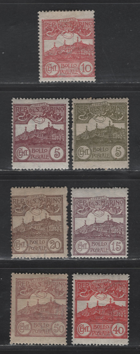 San Marino SC#43-45, 49, 51, 60-61, 63-64 10c - 50c Claret - Gray Black Numeral - Mount Titano, 1903-1925 Numeral - Mount Titano Definitive Issues, 9 FOG Singles