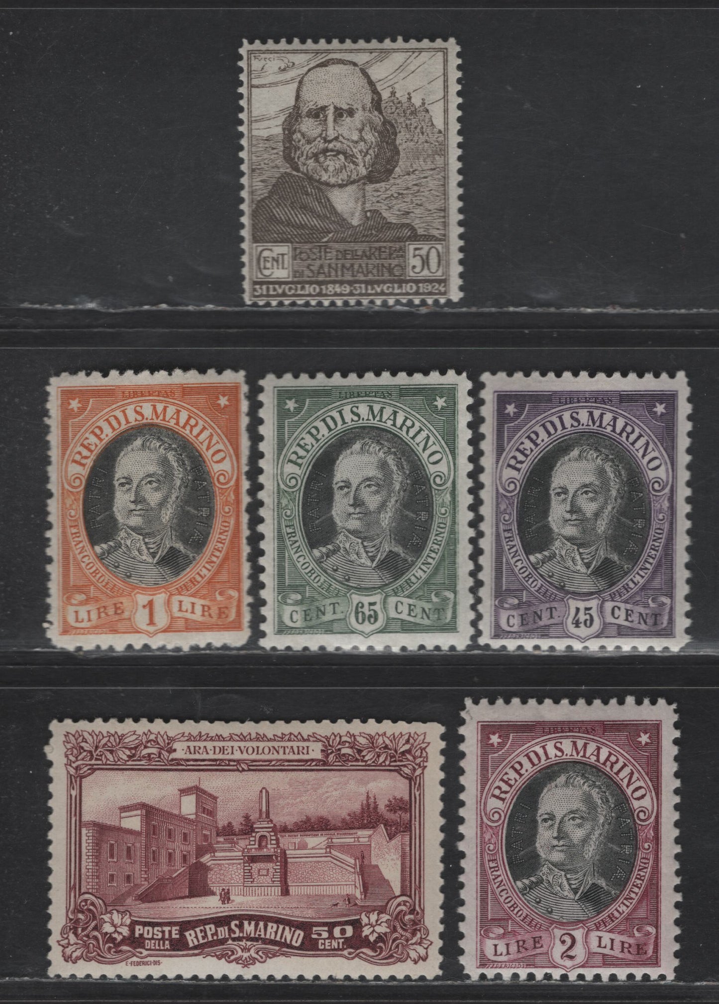 Lot 309 San Marino SC#85, 99-102, 108 50c Olive Brown - Brown Violet Geribaldi's Refuge - War Memorial, 1927 Geribaldi's Refuge - War Memorial Issues, 6 F/VFOG Singles