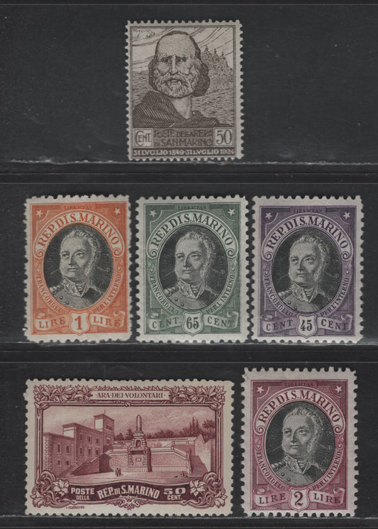 Lot 309 San Marino SC#85, 99-102, 108 50c Olive Brown - Brown Violet Geribaldi's Refuge - War Memorial, 1927 Geribaldi's Refuge - War Memorial Issues, 6 F/VFOG Singles